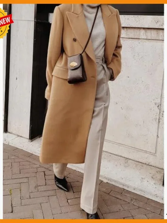 Long Wool Pea Coat Double Breasted Trench Overcoat Winter Fall - Picture 2 of 4